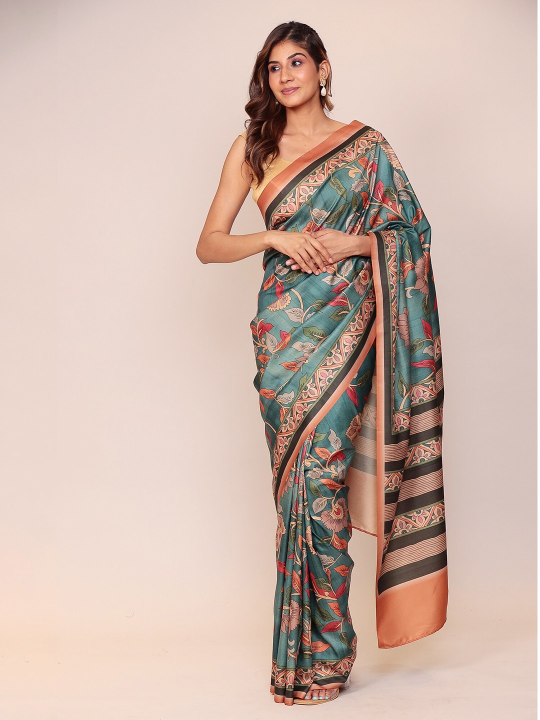 

ZARI Floral Printed Silk Blend Saree, Green