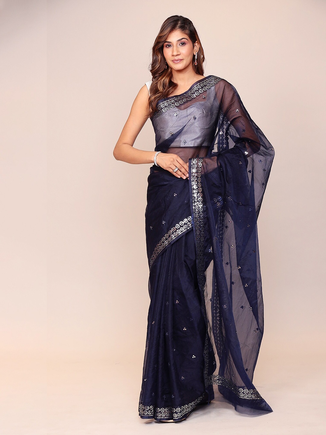 

ZARI Embellished Sequinned Organza Saree, Blue