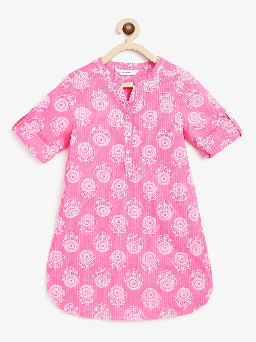 

Campana Girls Ethnic Motifs Printed Pure Cotton A-Line Kurta, Pink