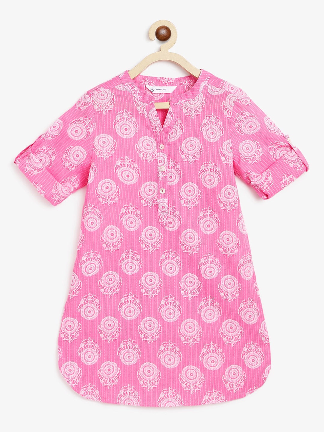 

Campana Girls Ethnic Motifs Printed Pure Cotton A-Line Kurta, Pink