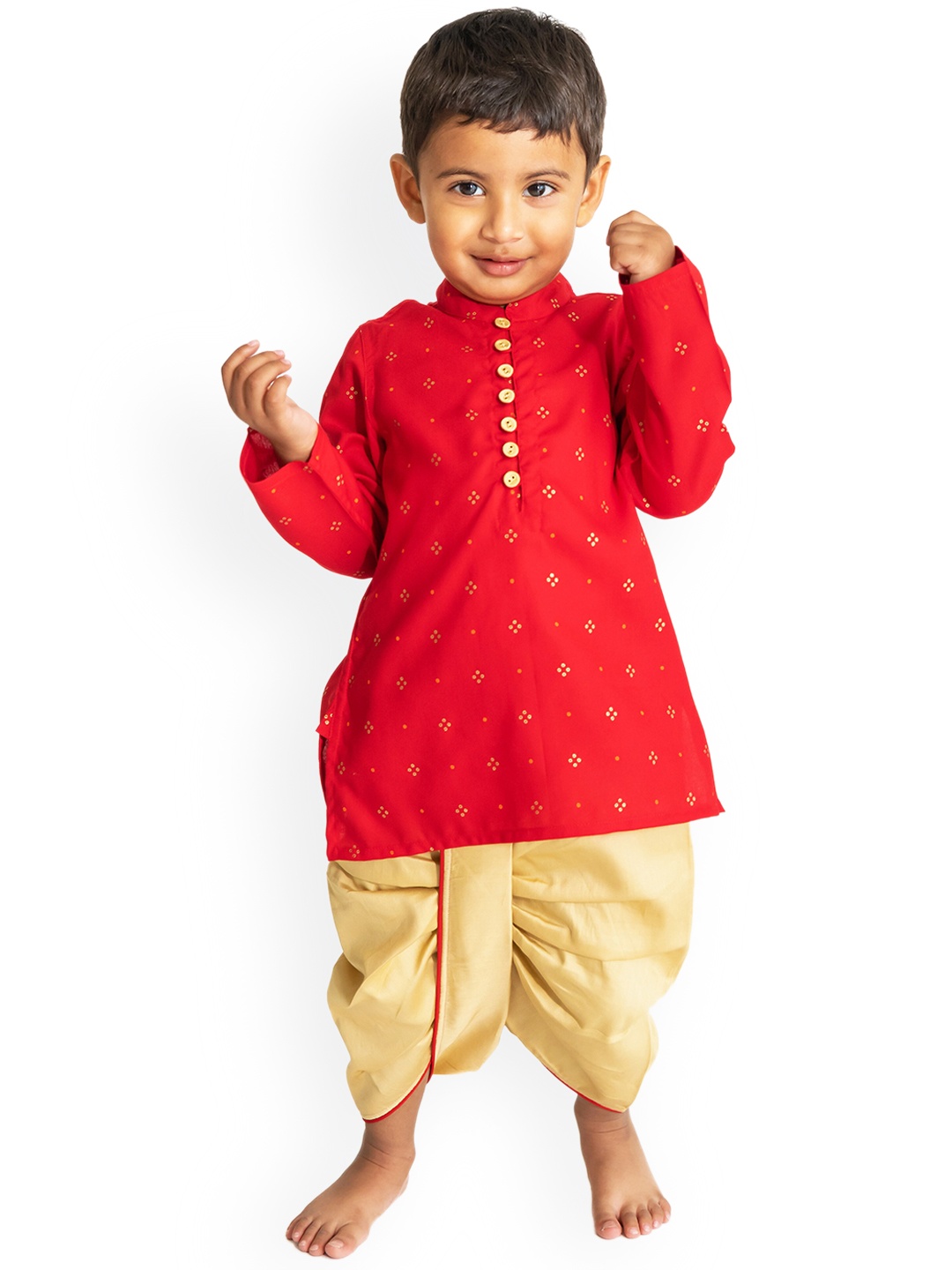 

Campana Boys Bandhani Printed Regular Kurta with Dhoti Pants, Red