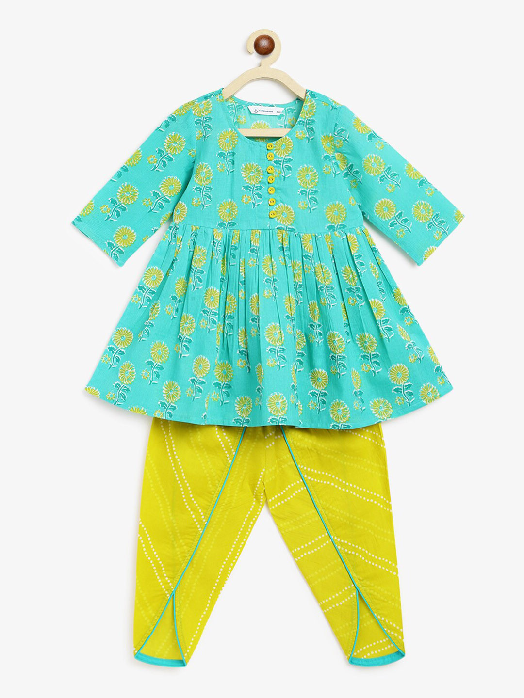 

Campana Girls Ethnic Motifs Printed Empire Pure Cotton Kurta with Harem Pants, Turquoise blue