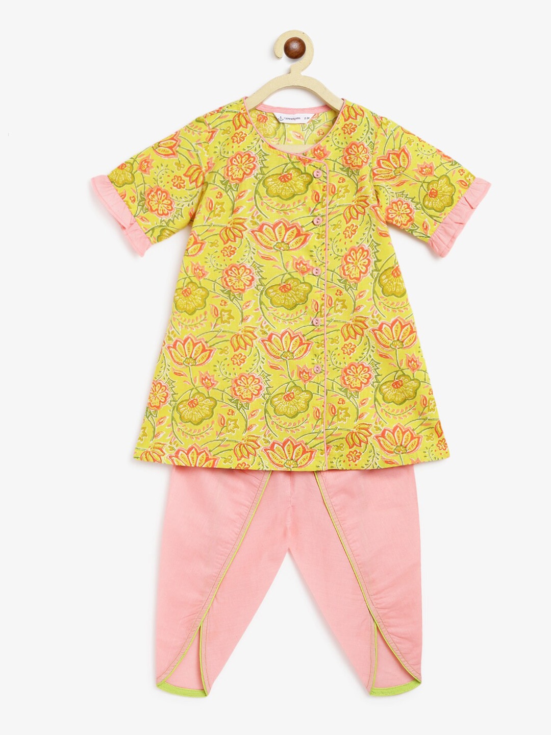 

Campana Girls Ethnic Motifs Printed Angrakha Pure Cotton Kurta with Dhoti Pants, Lime green