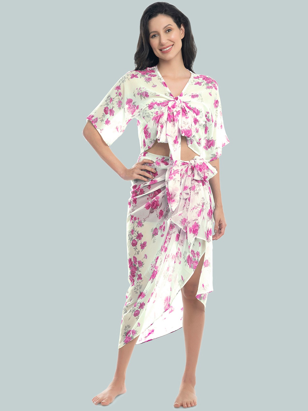 

MIRCHI FASHION Floral Printed Georgette Swimwear Cover Up Set, White