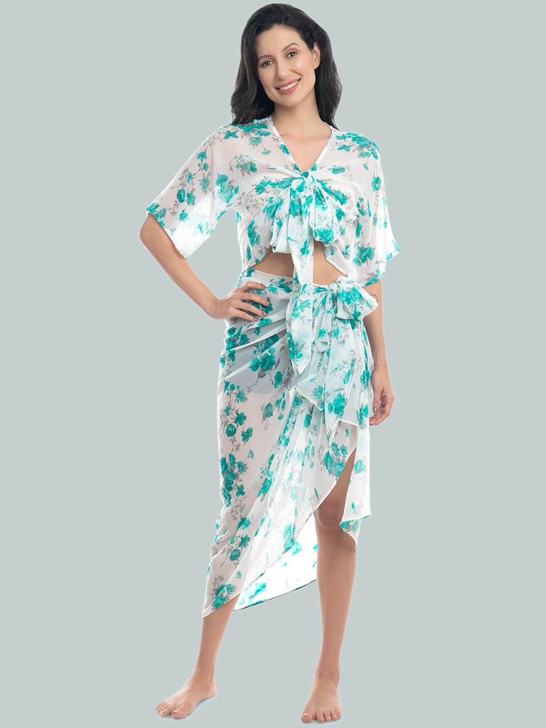 

MIRCHI FASHION Floral Printed V-Neck Georgette Swimwear Cover-Up Set, White