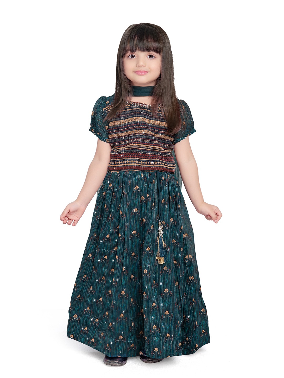 

Tiny Kingdom Girls Blue & Red Printed Mirror Work Ready to Wear Lehenga & Blouse With Dupatta