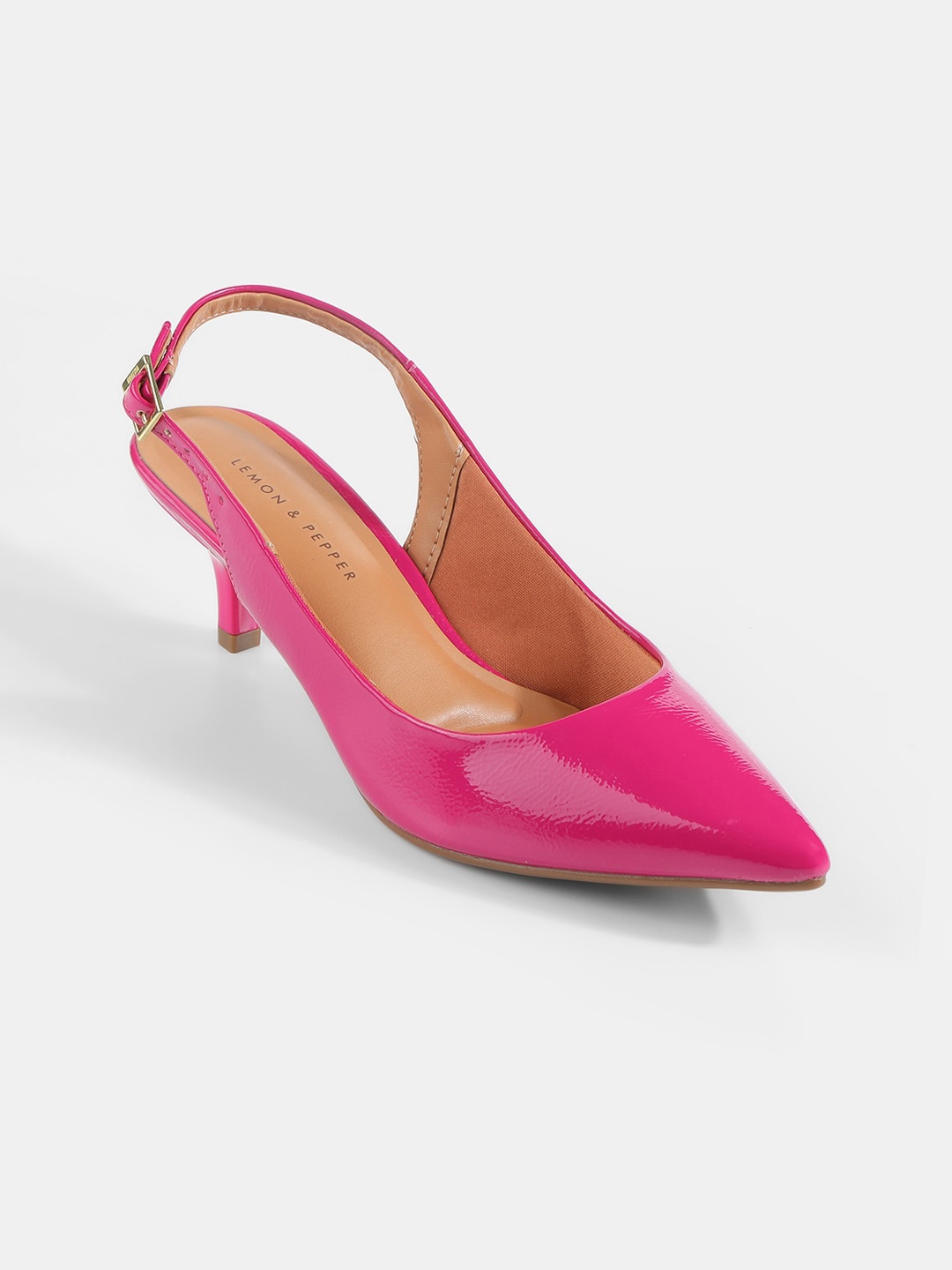 

LEMON & PEPPER Pointed Toe Kitten Mules With Buckle Closure, Pink