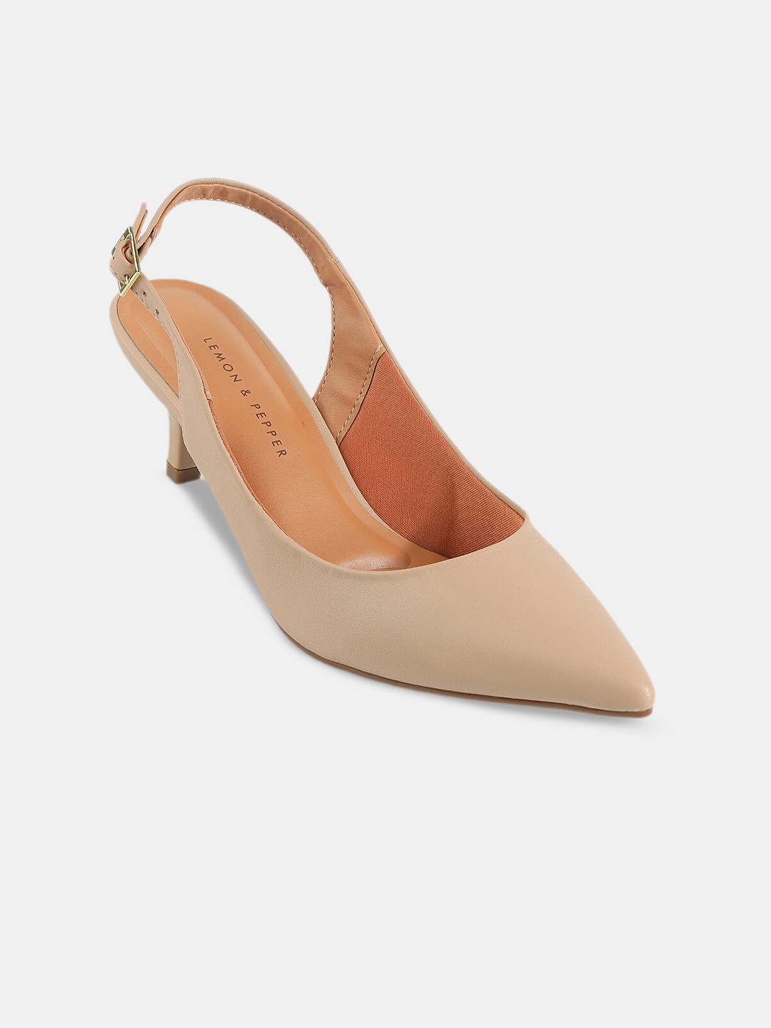 

LEMON & PEPPER Pointed Toe Kitten Mules With Buckles, Beige