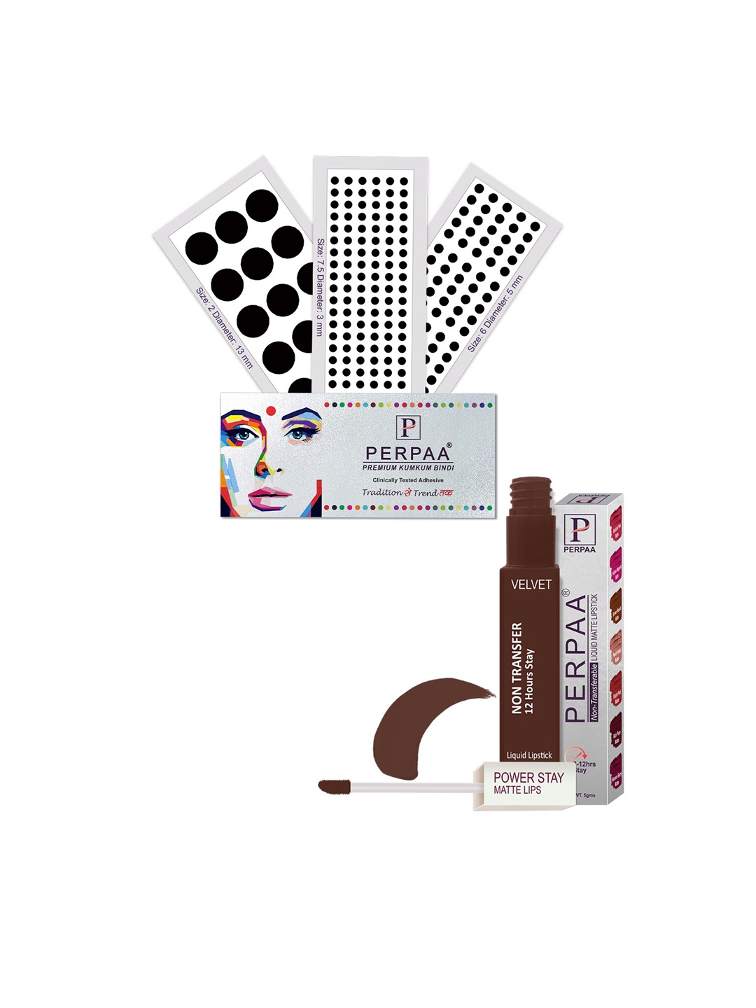 

PERPAA Power Stay Non Transfer Lipstick-16 & Set of 3 Premium Black Bindis-Size 7.5,02,06