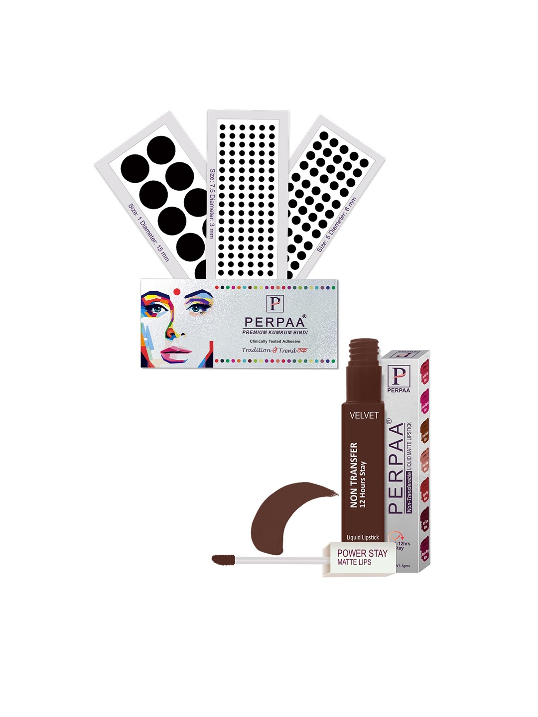 

PERPAA Power Stay Non Transfer Lipstick-16 & Set of 3 Premium Black Bindis-Size 7.5,01,05