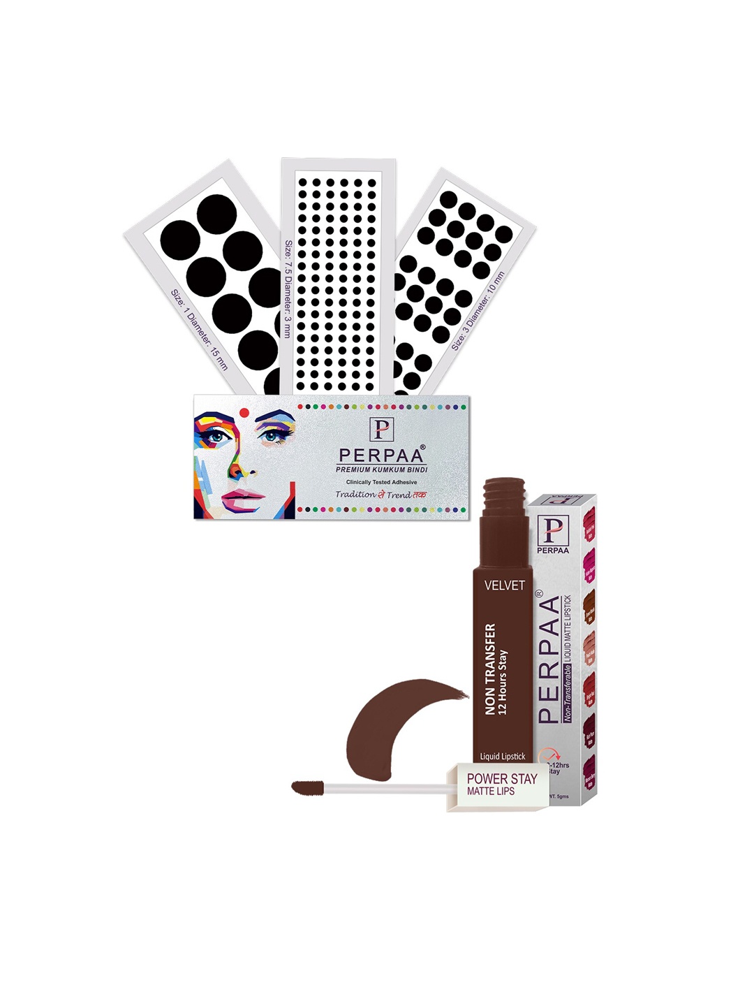 

PERPAA Power Stay Non Transfer Lipstick-16 & Set of 3 Premium Black Bindis- Size 7.5,01,03