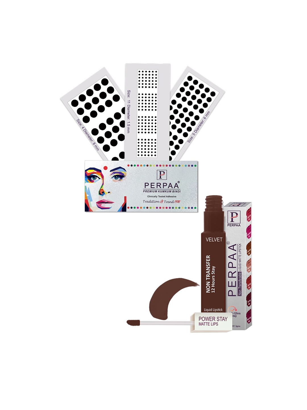 

PERPAA Power Stay Non Transfer Lipstick-16 & Set of 3 Premium Black Bindis- Size 04,05,11