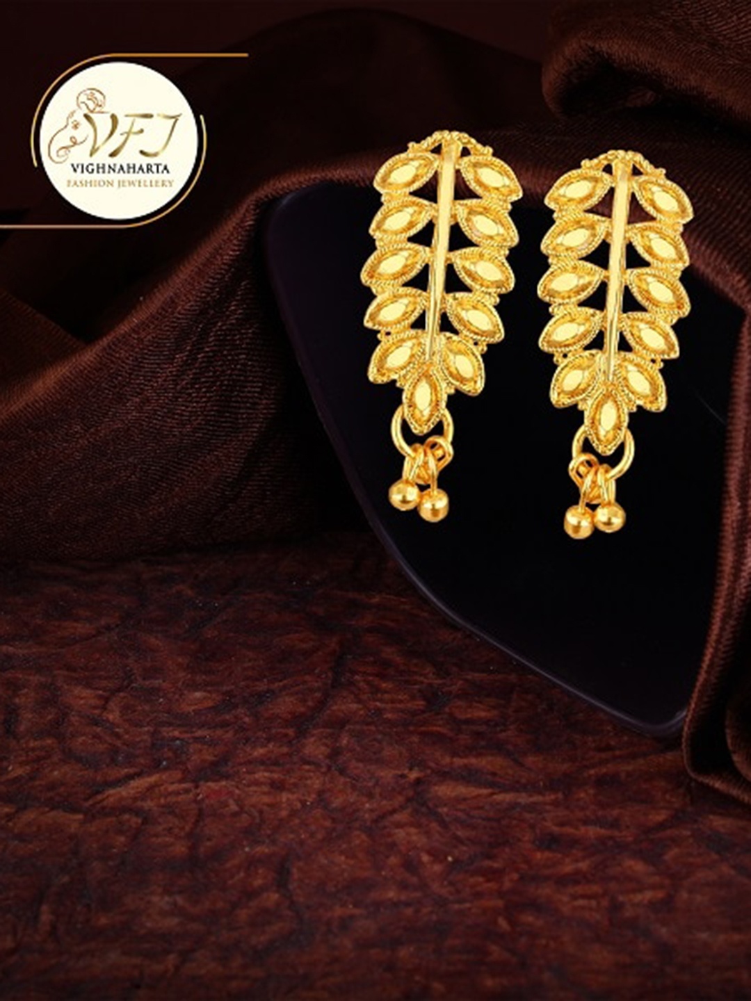 Vighnaharta Gold-Plated Leaf Shaped Drop Earrings