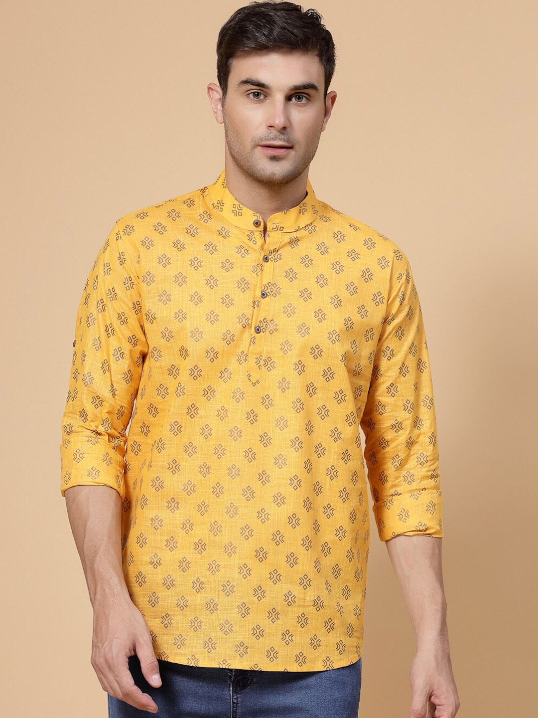

allan peter Ethnic Motifs Printed Mandarin Collar Roll Up Sleeves Cotton Short Kurta, Yellow