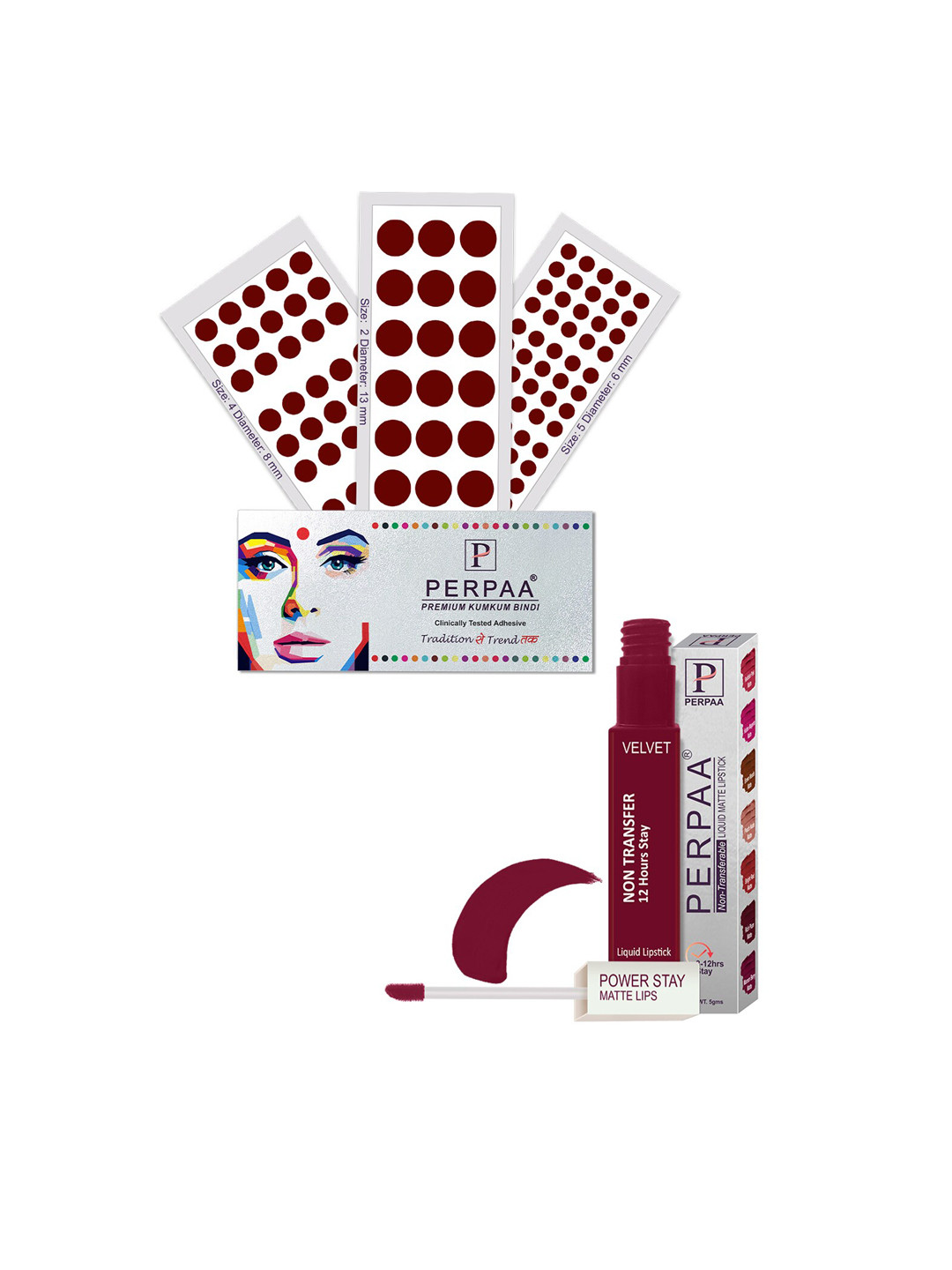 

PERPAA Power Stay Non Transfer Lipstick-09 & Set of 3 Premium Maroon Bindis- Size 02,05,04
