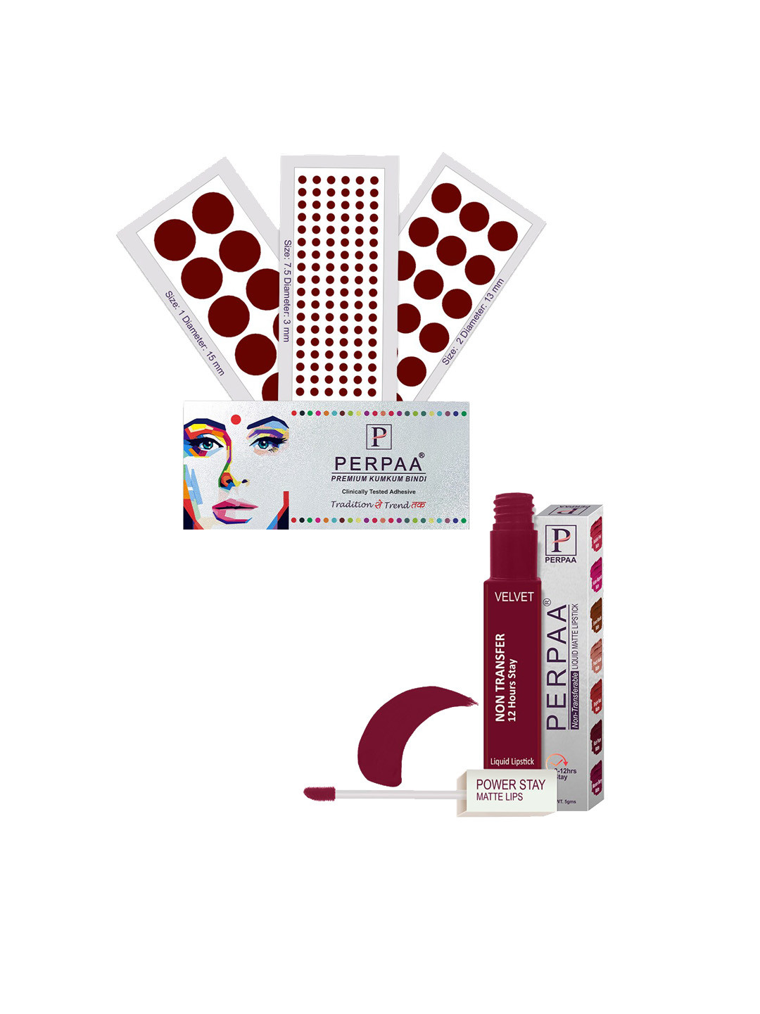 

PERPAA Power Stay Non Transfer Lipstick-09 & Set of 3 Premium Maroon Bindis-Size 7.5,01,02