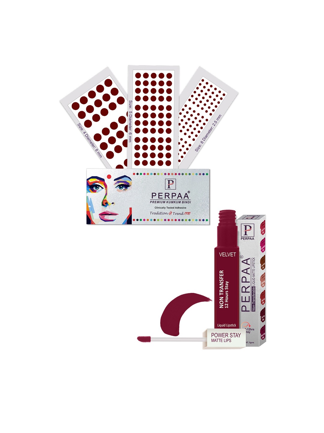 

PERPAA Power Stay Non Transfer Lipstick-09 & Set of 3 Premium Maroon Bindis- Size 04,05,08