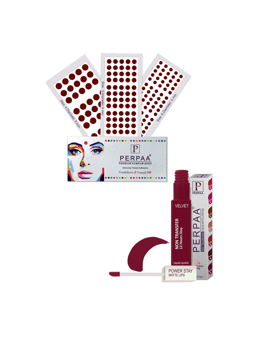 

PERPAA Power Stay Non Transfer Lipstick-09 & Set of 3 Premium Maroon Bindis- Size 04,05,06