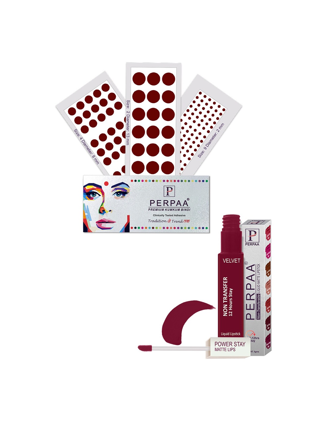 

PERPAA Power Stay Non Transfer Lipstick-09 & Set of 3 Premium Maroon Bindis- Size 02,09,04