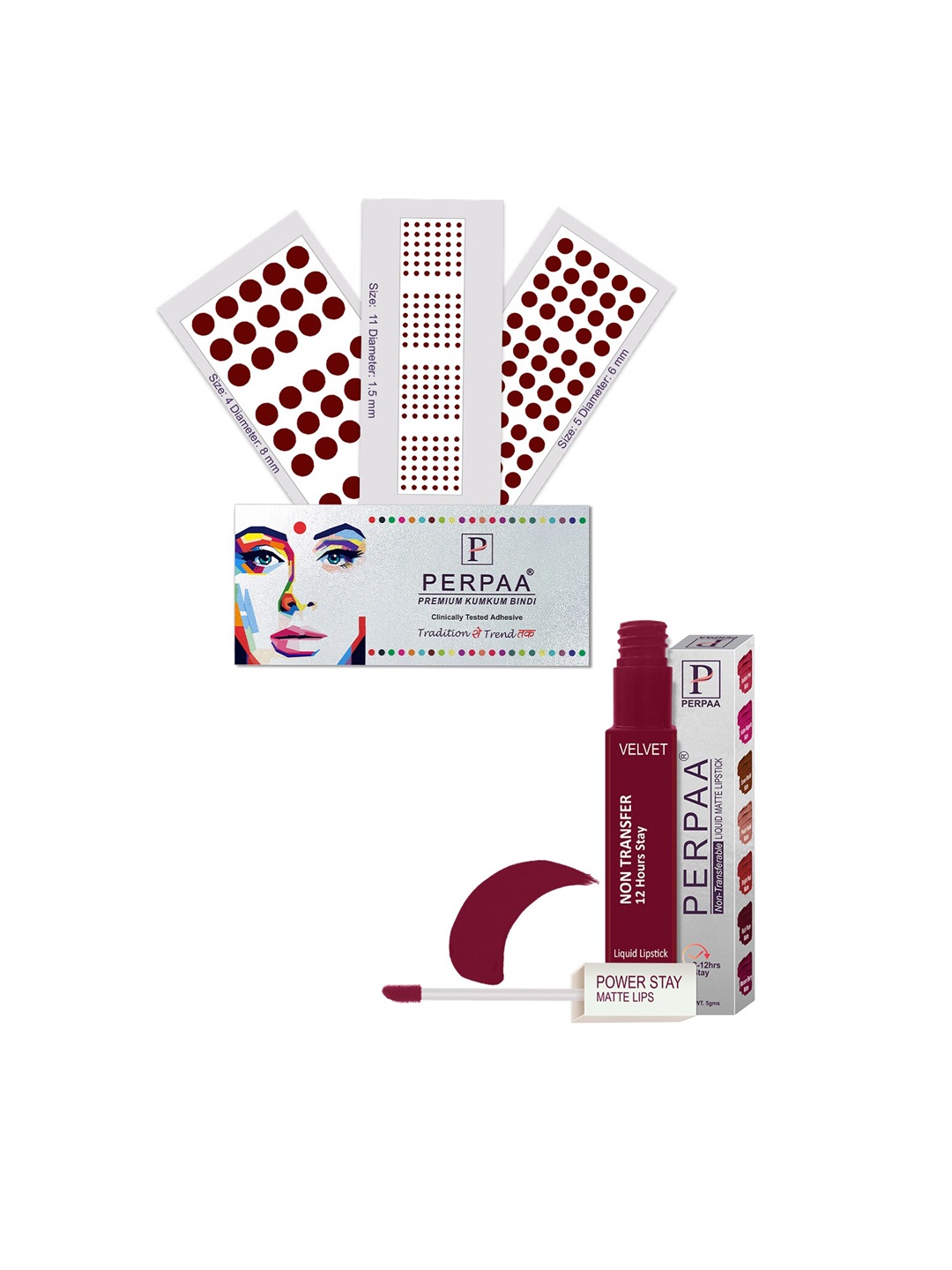 

PERPAA Power Stay Non Transfer Lipstick-09 & Set of 3 Premium Maroon Bindis- Size 04,05,11