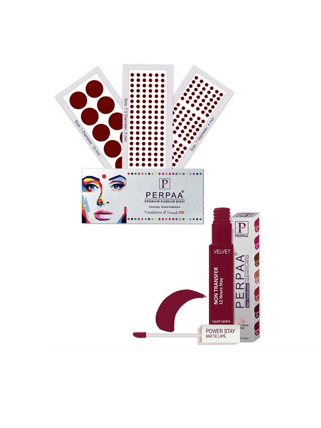 

PERPAA Power Stay Non Transfer Lipstick-09 & Set of 3 Premium Maroon Bindi- Size 7.5,01,07