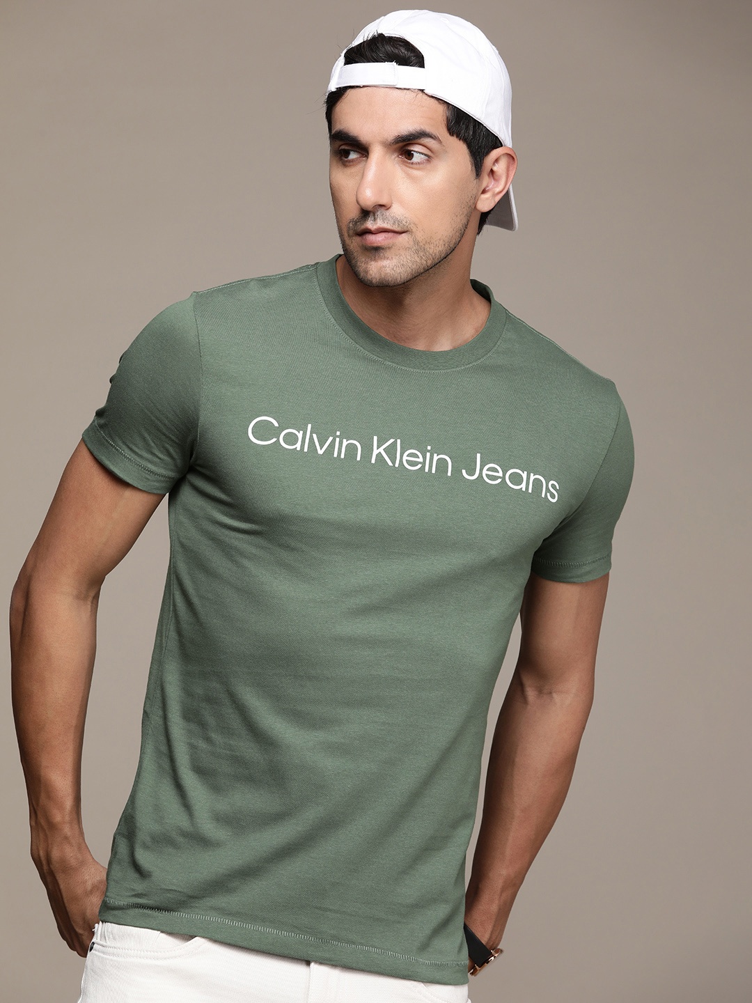 

Calvin Klein Jeans Pure Cotton Brand Logo Printed Slim Fit Casual T-shirt, Green