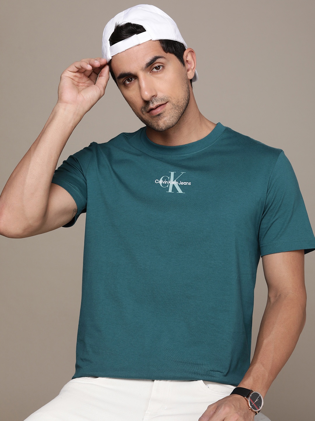 

Calvin Klein Jeans Pure Cotton Brand Logo Printed Casual T-shirt, Teal