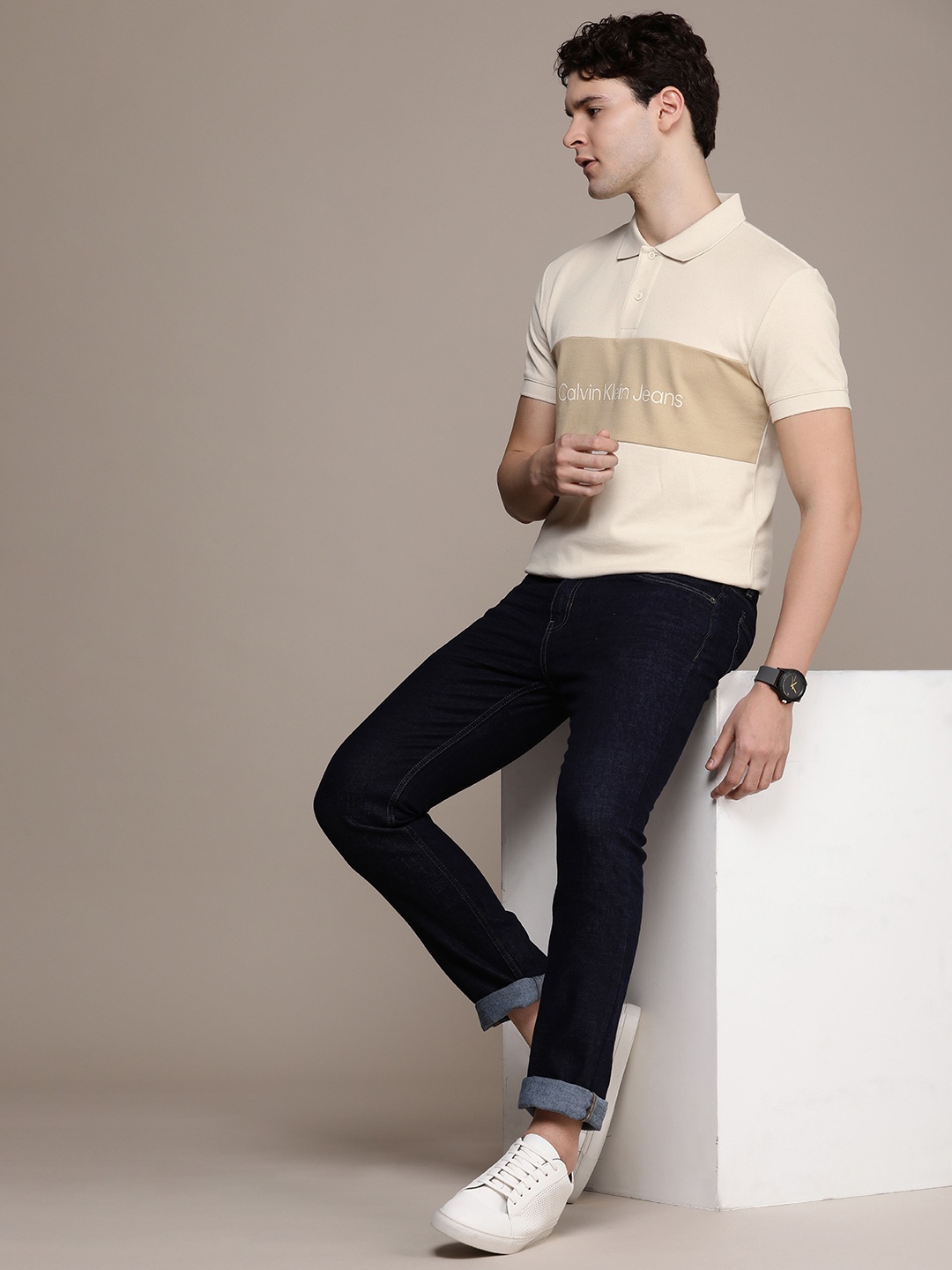 

Calvin Klein Jeans Colourblocked Polo Collar Pure Cotton T-shirt, Beige