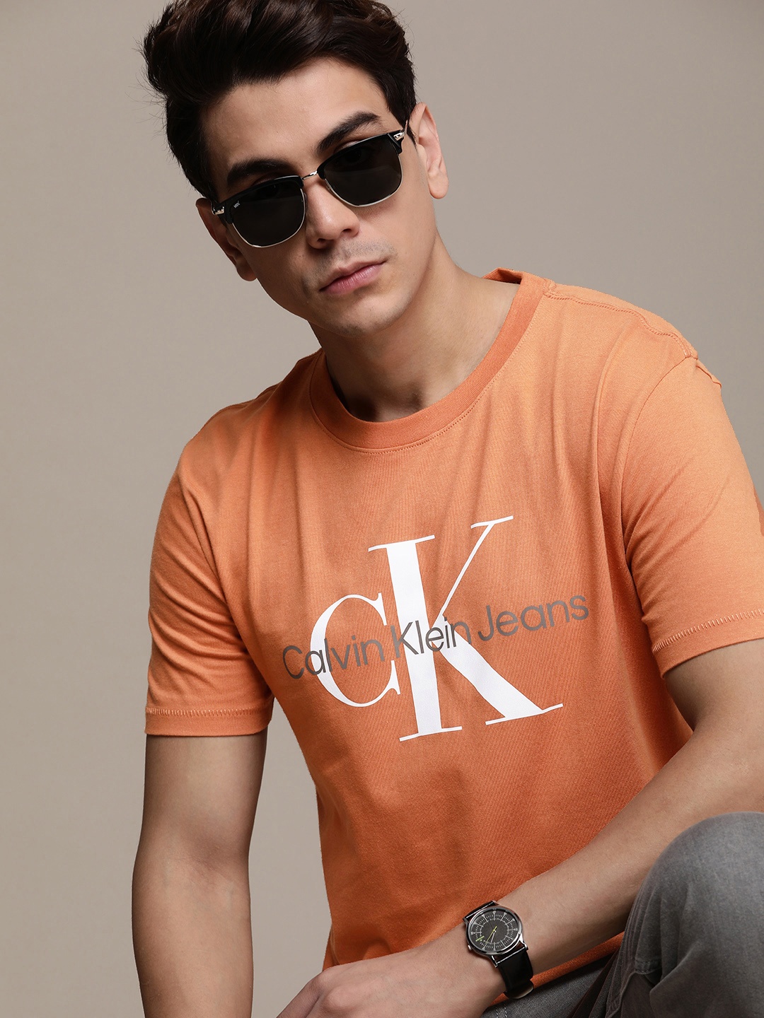 

Calvin Klein Jeans Pure Cotton Slim Fit Brand Logo Printed Casual T-shirt, Orange