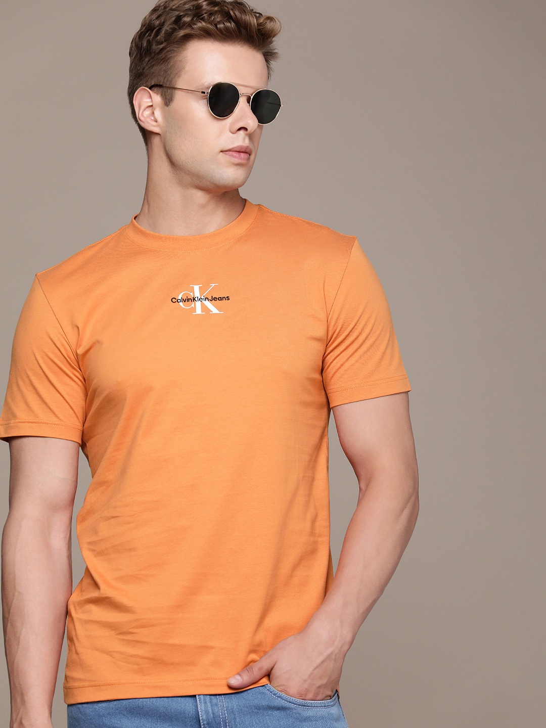 

Calvin Klein Jeans Brand Logo Printed & Embroidered Pure Cotton T-shirt, Orange