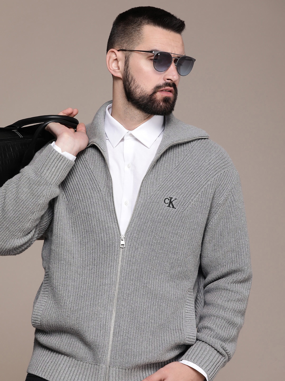 

Calvin Klein Jeans Cable Knit Mock-Collar Pure Cotton Cardigan Sweater, Grey