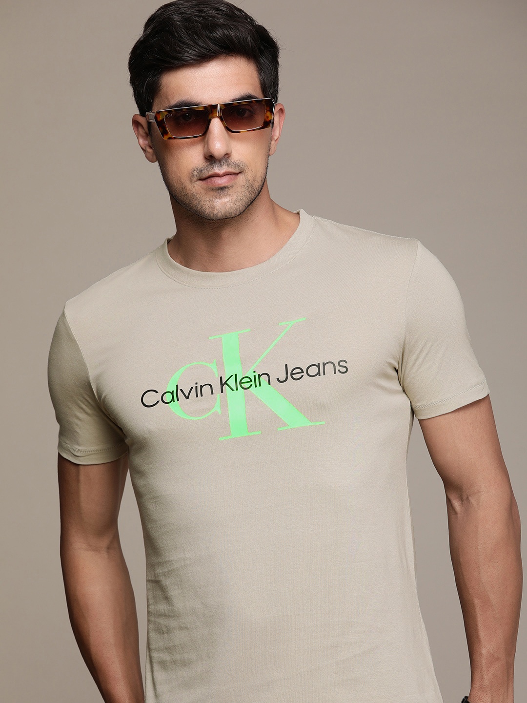 

Calvin Klein Jeans Pure Cotton Slim Fit Brand Logo Printed Casual T-shirt, Beige