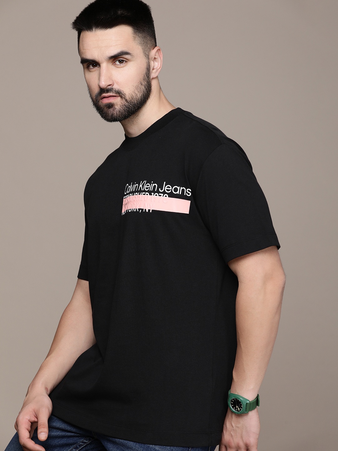 

Calvin Klein Jeans Pure Cotton Brand Logo Printed Casual T-shirt, Black