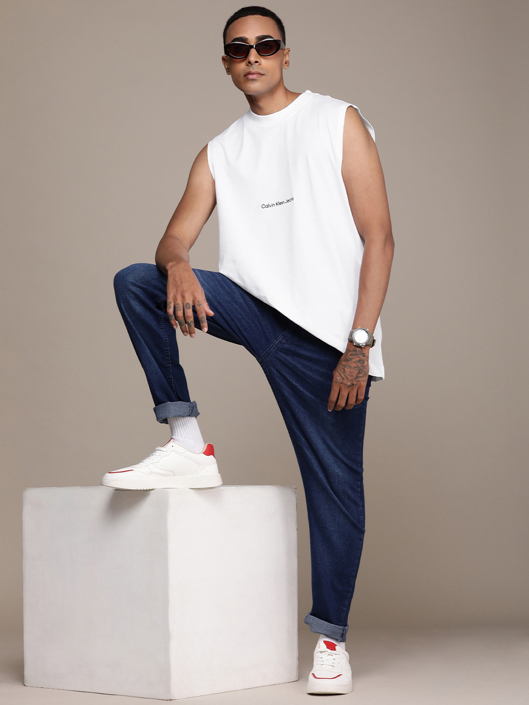 

Calvin Klein Jeans Pure Cotton Round Neck Sleeveless Casual T-shirt, White