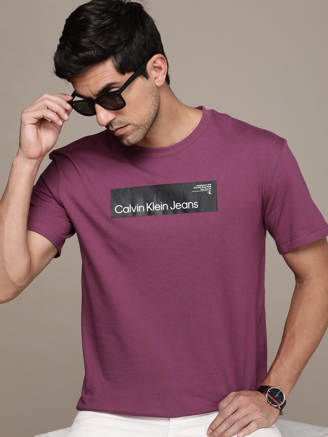 

Calvin Klein Jeans Pure Cotton Brand Logo Printed Casual T-shirt, Magenta