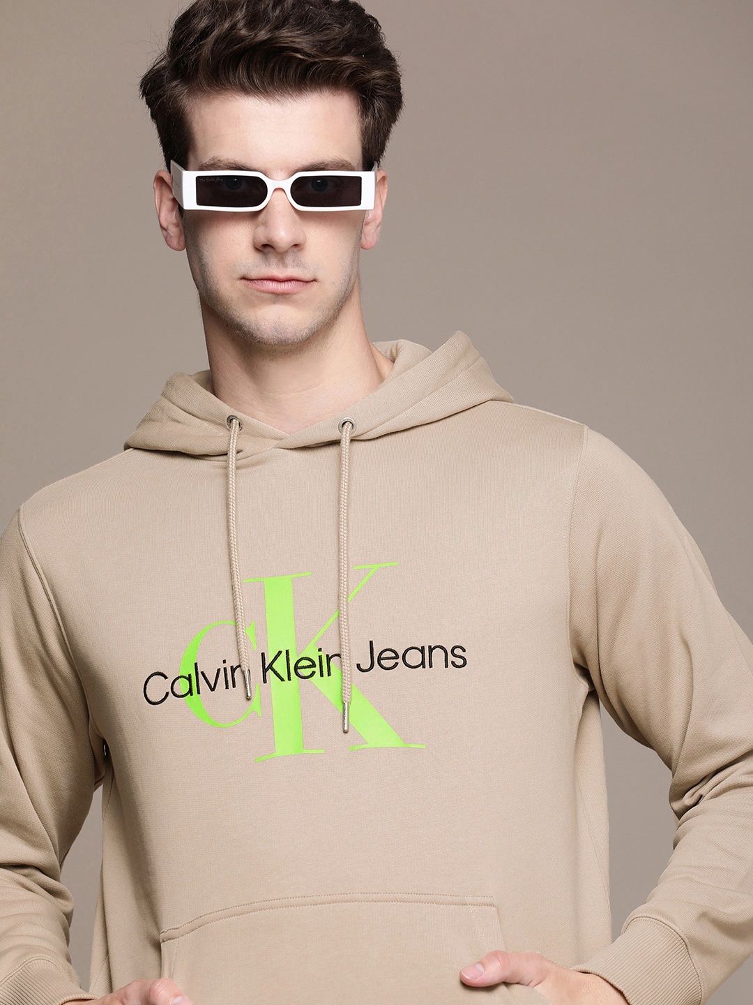 

Calvin Klein Jeans Brand Logo Printed Hooded Pure Cotton Sweatshirt, Beige