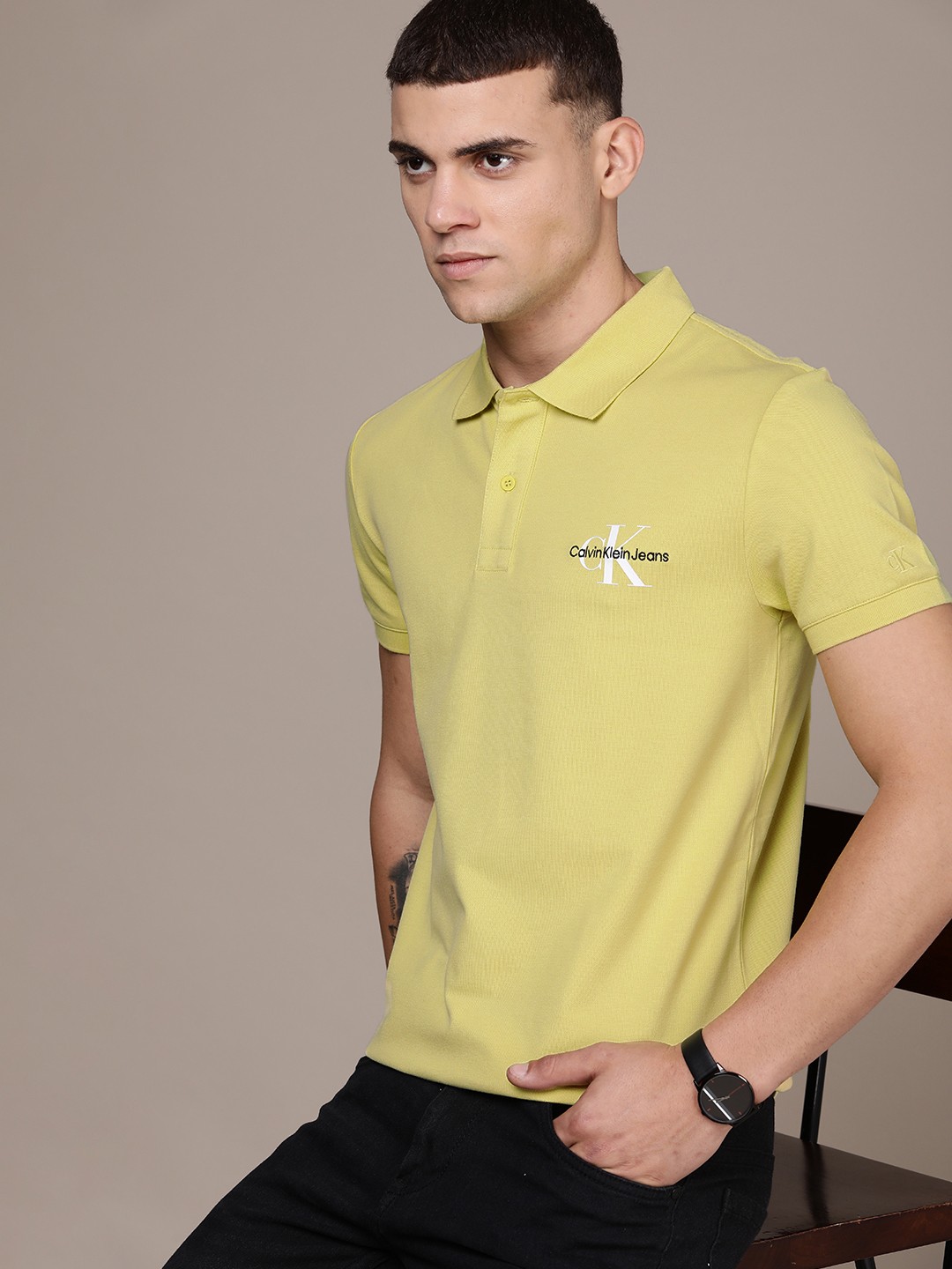 

Calvin Klein Jeans Brand Logo Embroidered Pure Cotton T-shirt, Yellow