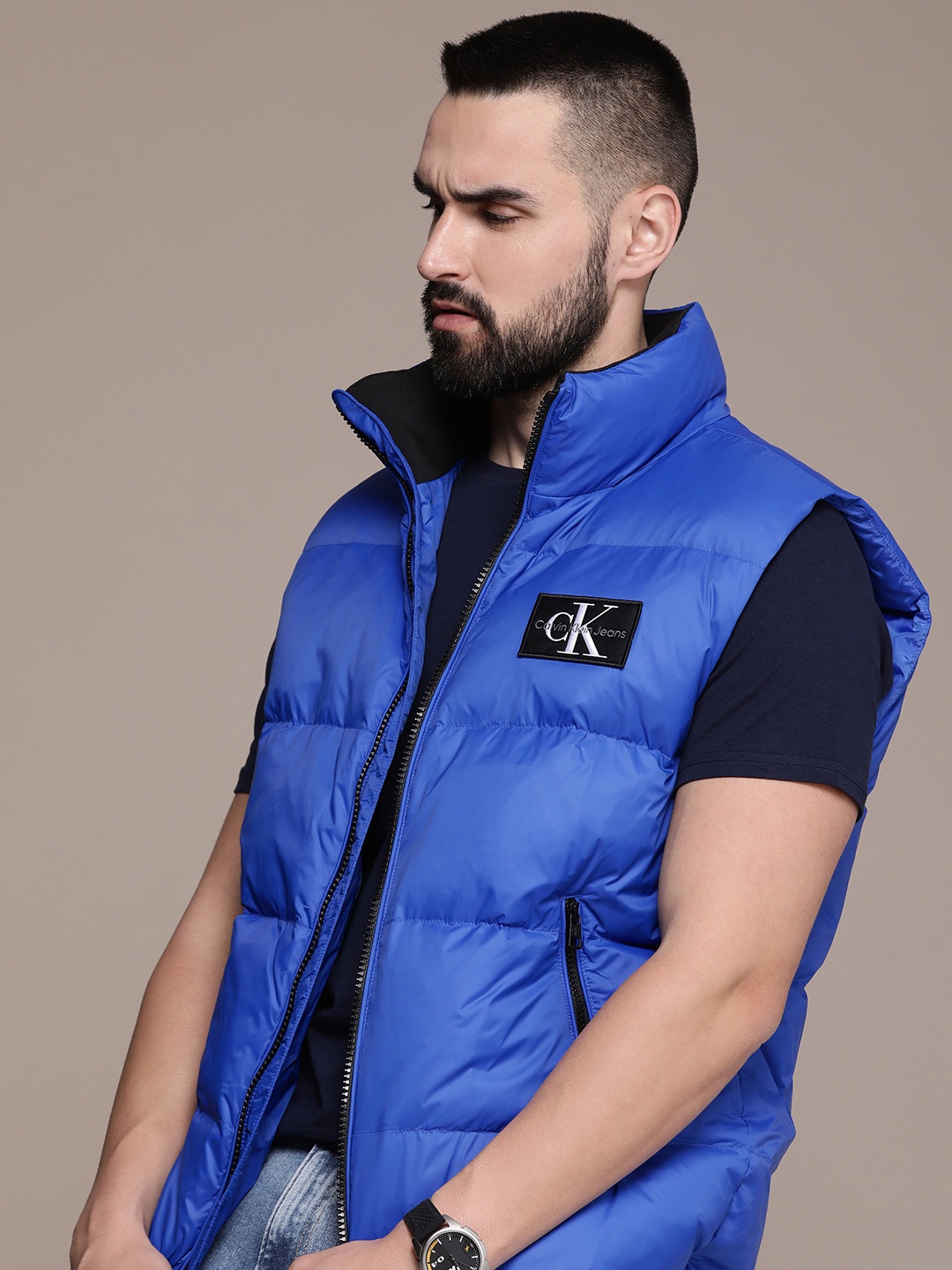 

Calvin Klein Jeans Water Repellent Solid Stand Collar Vest Puffer Jacket, Blue