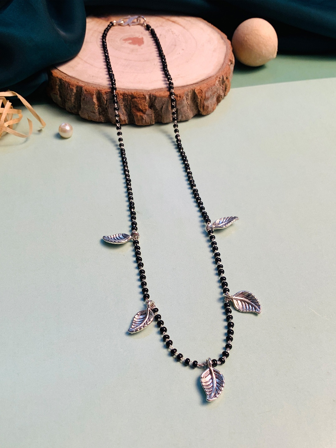 

ABDESIGNS Silver-Plated Black Beaded Leaf Design Mangalsutra