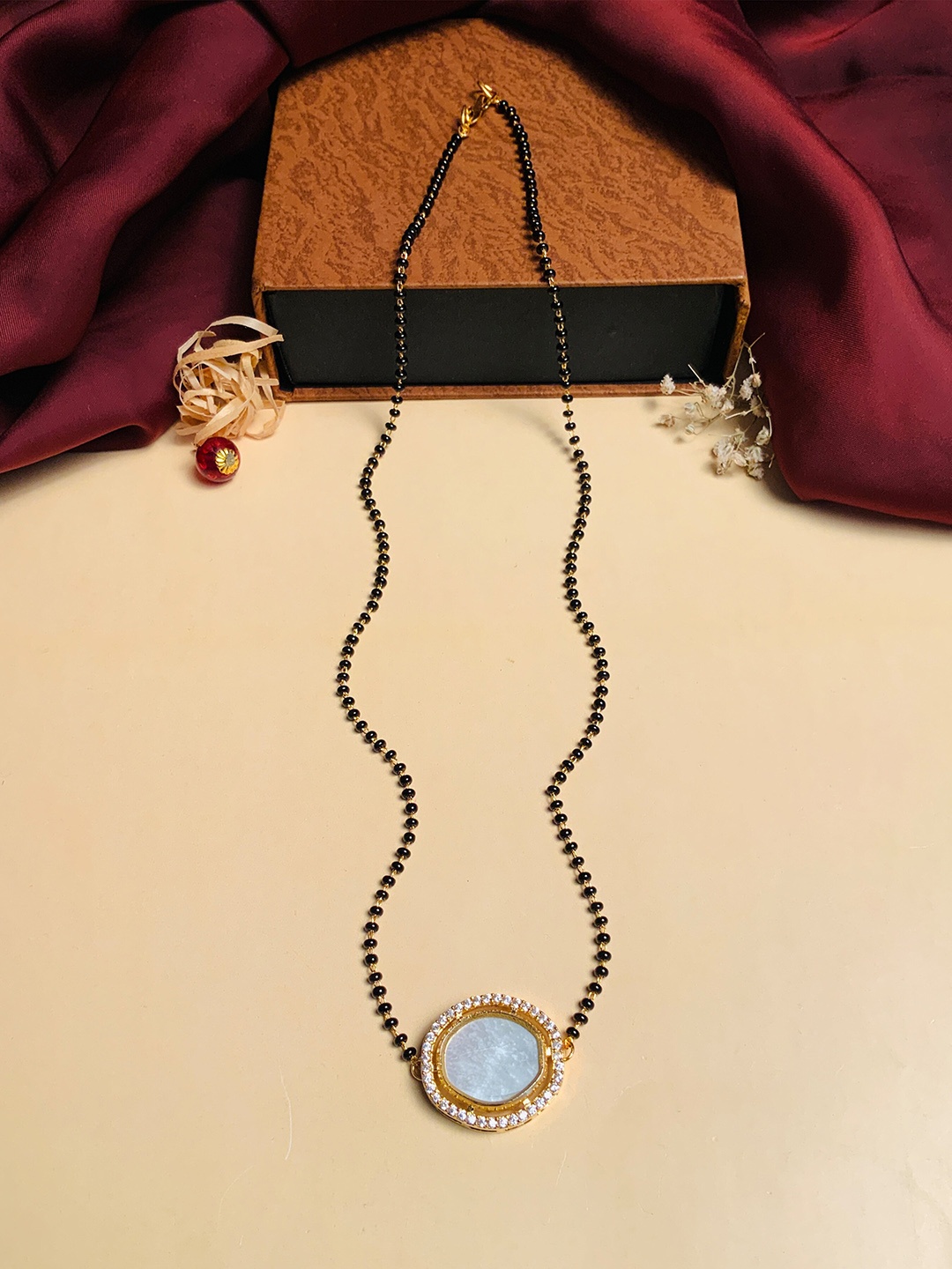 

ABDESIGNS Gold-Plated Beaded Mother Pearl & American Diamond Mangalsutra