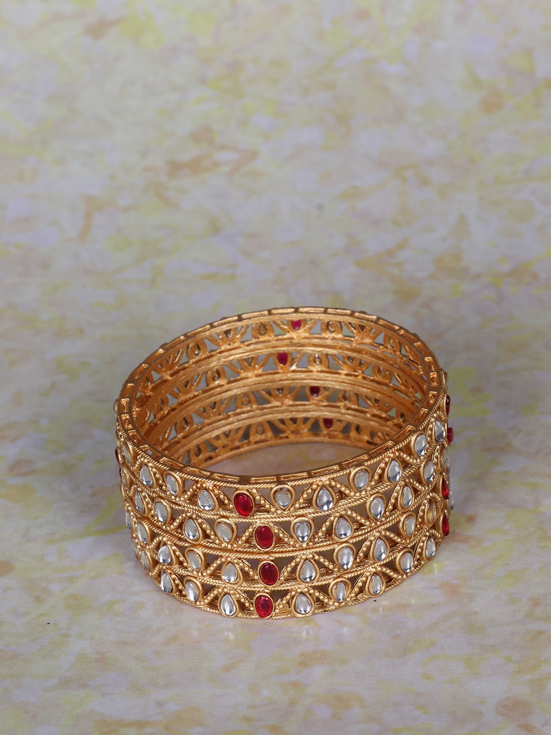 

LAFORWORD Set of 4 Gold-Plated Stone-Studded Bangles