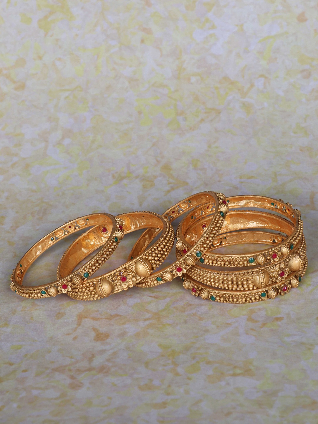 

LAFORWORD Set Of 6 Gold-Plated Stone-Studded Bangles