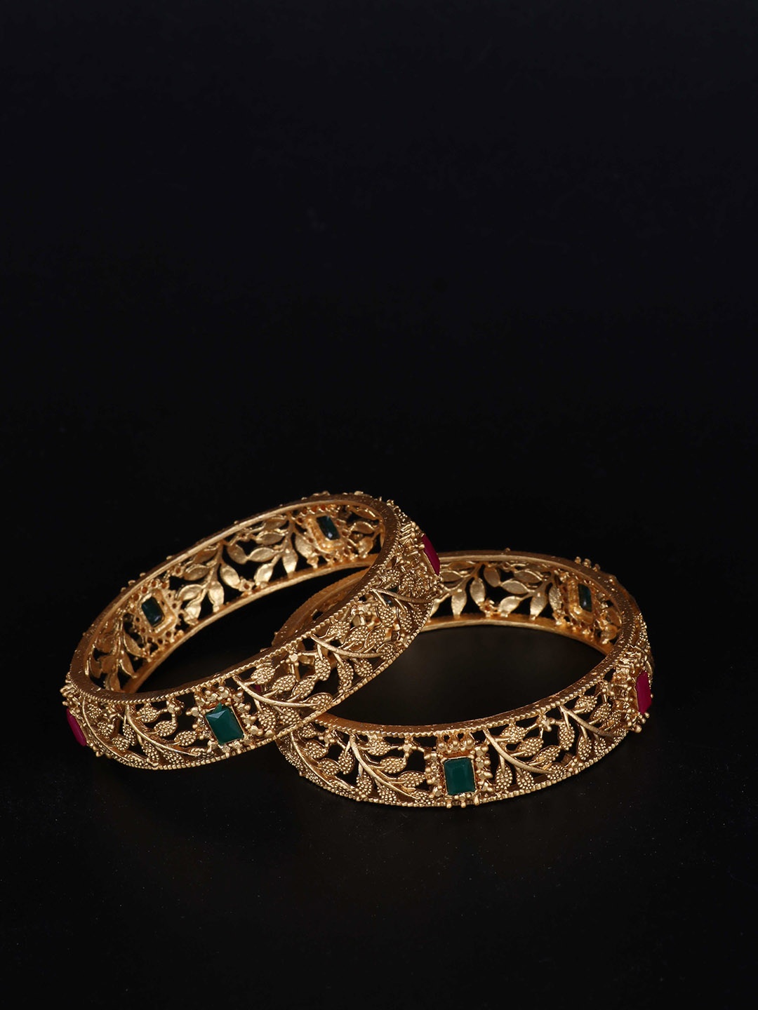 

LAFORWORD Set Of 2 Gold-Plated Stone-Studded Bangles