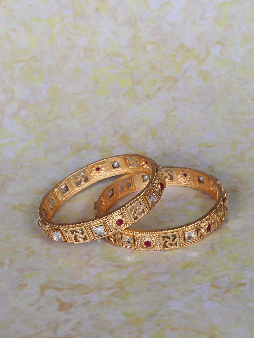 

LAFORWORD Set of 2 Gold-Plated Stone-Studded Bangles