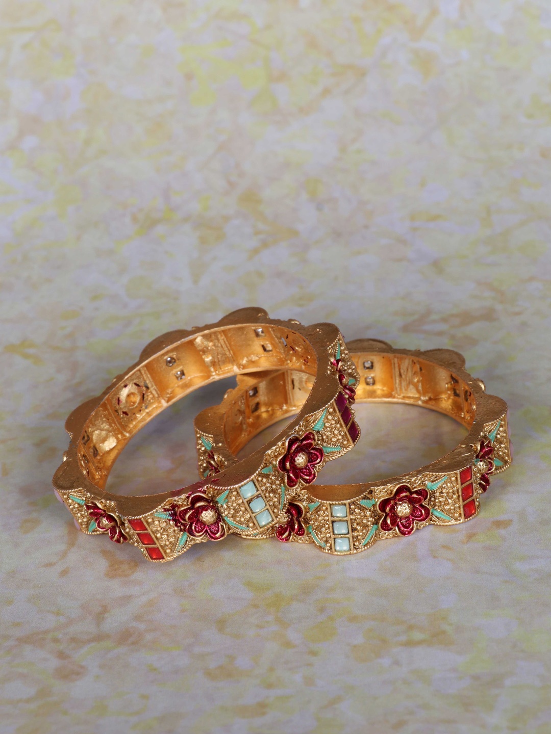 

LAFORWORD Set Of 2 Gold Plated & Stone Studded Bangles