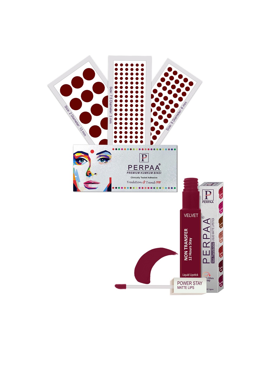 

PERPAA Power Stay Non Transfer Lipstick-09 & Set of 3 Premium Maroon Bindis-Size 7.5,02,05