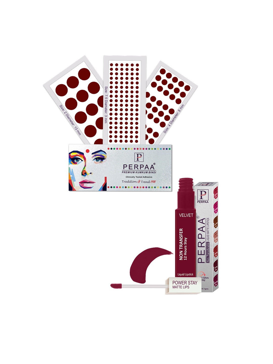 

PERPAA Power Stay Non Transfer Lipstick-09 & Set of 3 Premium Maroon Bindis-Size 7.5,02,04