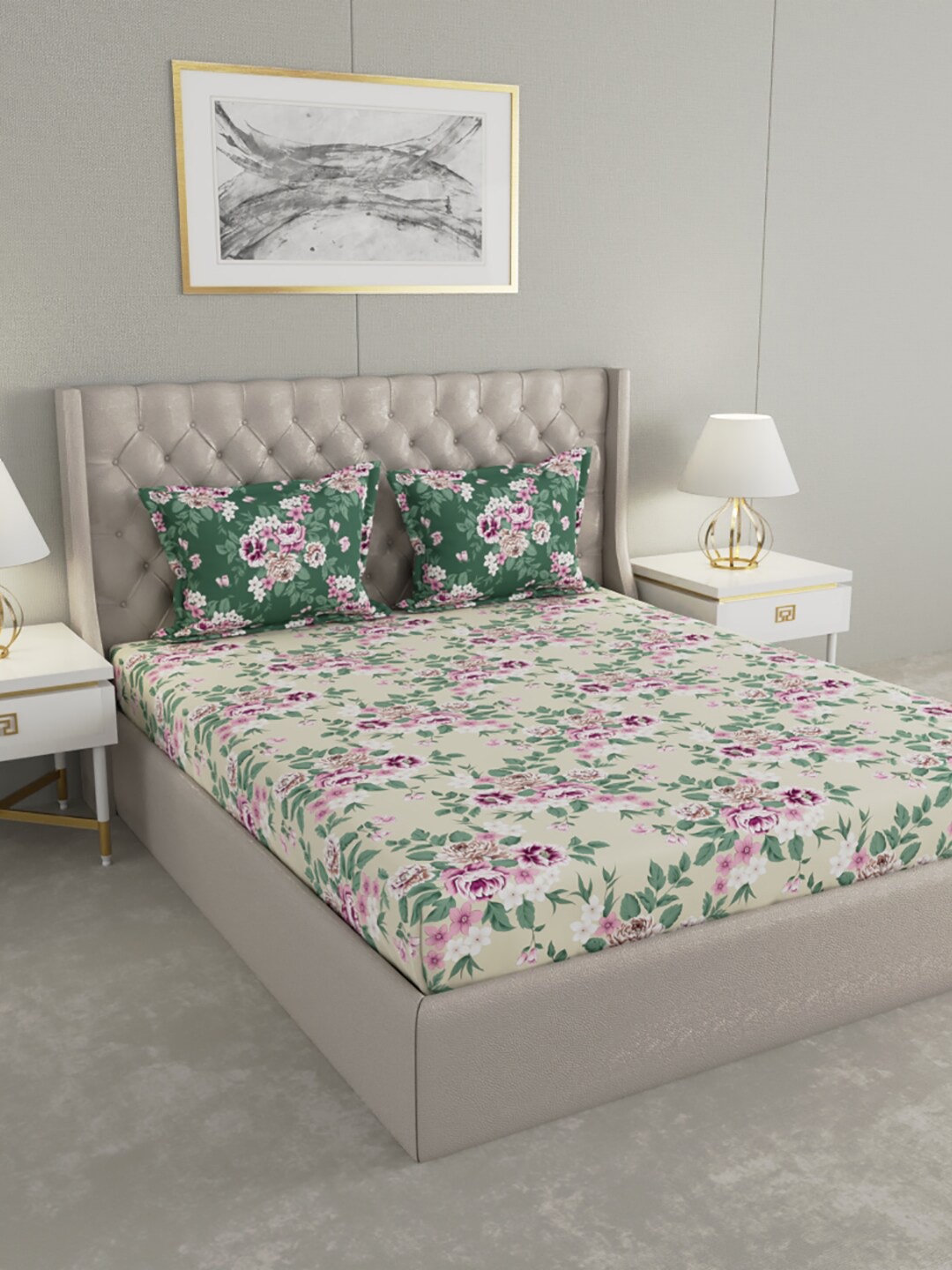 

Raymond Home Camphor Pink & Green Floral 140 TC Cotton Queen Bedsheet with 2 Pillow Covers