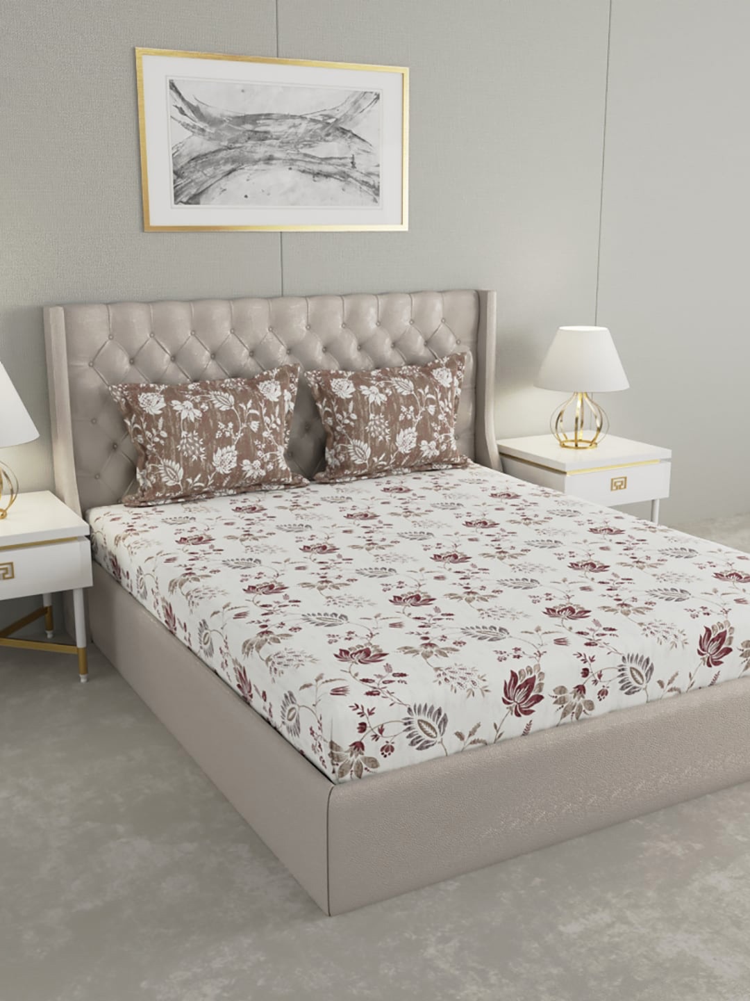 

Raymond Home camphor Grey & White Floral 140 TC Cotton Queen Bedsheet with 2 Pillow Covers