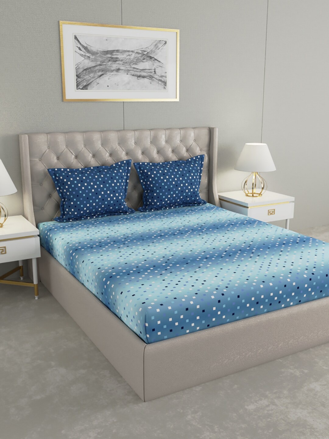 

Raymond Home Blue & White Geometric 140 TC Pure Cotton Queen Bedsheet with 2 Pillow Covers